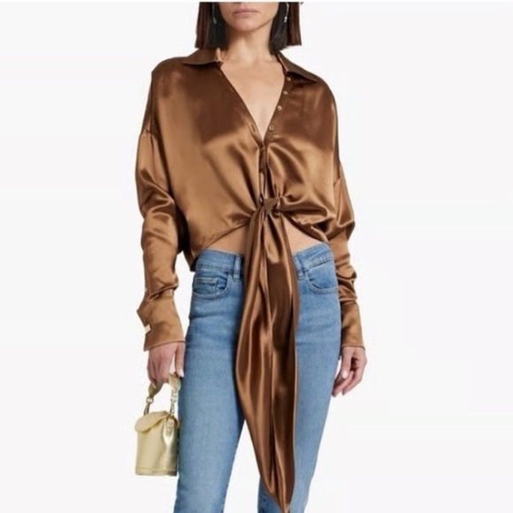 RETROFTE parker tie gold brown button down blouse L - Picture 1 of 7